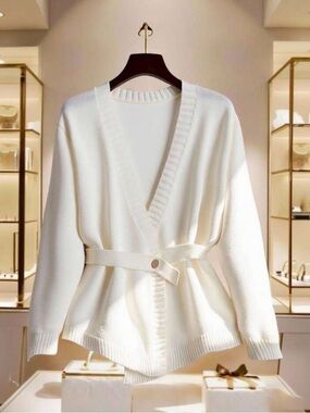SHEIN Cream Belted V-Neck Knit Cardigan